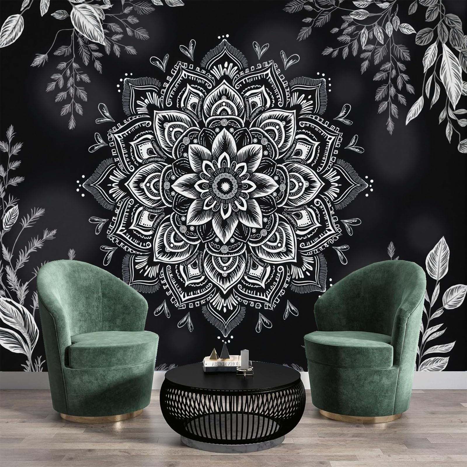 Linee Mandala Per La Meditazione Carta da Parati Panoramica in Seta, Boemia per Soggiorno Camera Ristorante Camera dei Bambini e Decorazione da Parete Nero, 300 x 210 cm