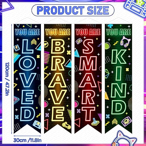 Miniatura 5 de 4 piezas de decoración de fiesta de videojuegos, pancartas colgantes de videojuegos para niños, letreros de neón para colgar fondos, fondo de juego