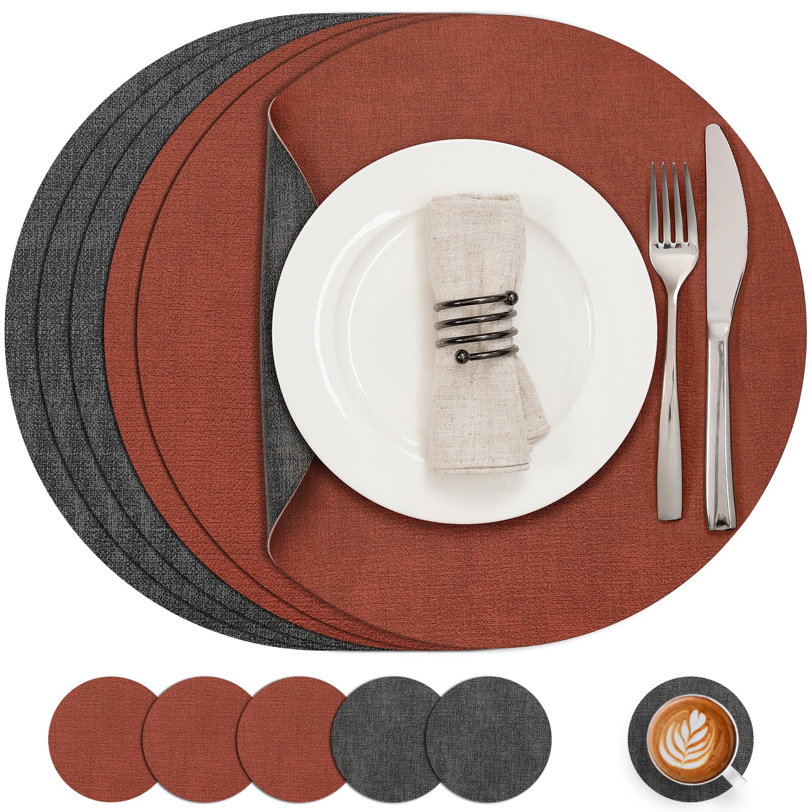Myir JUN Leather Placemats and Coaster Set of 6, Table Mats Round Waterproof Dual Sided Kitchen Place Mats Coffee Mats Heat Resistant Placemat Non-Slip Washable(set of 6, Gray Terracotta)
