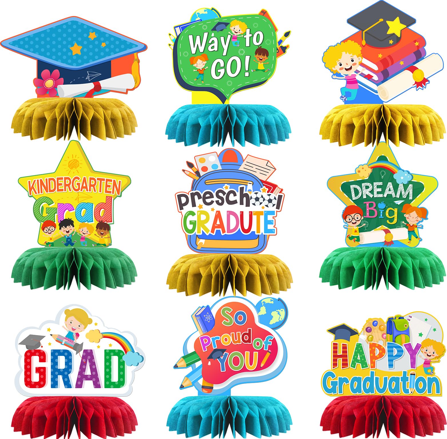 9Pcs Kindergarten Graduate Table Honeycomb Decorations, Kindergarten Graduation Party Centerpieces, Preschool Graduation Party Favor Decoration