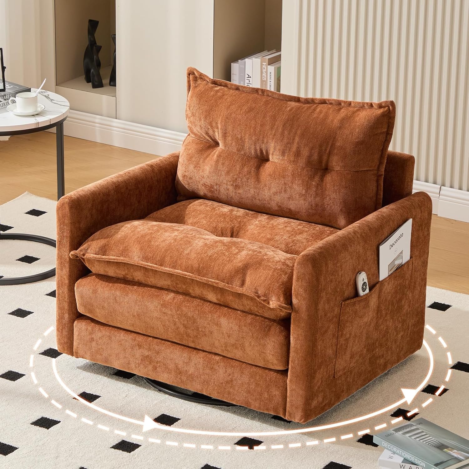 Oversized 360° Swivel Accent Armchair, Nursing Chair and a Half with Side Pockets and Wide armrest, Solid Metal Base, Comfortable Single Sofa Chair for Living Room,Bedroom, Reading Room (Gray)