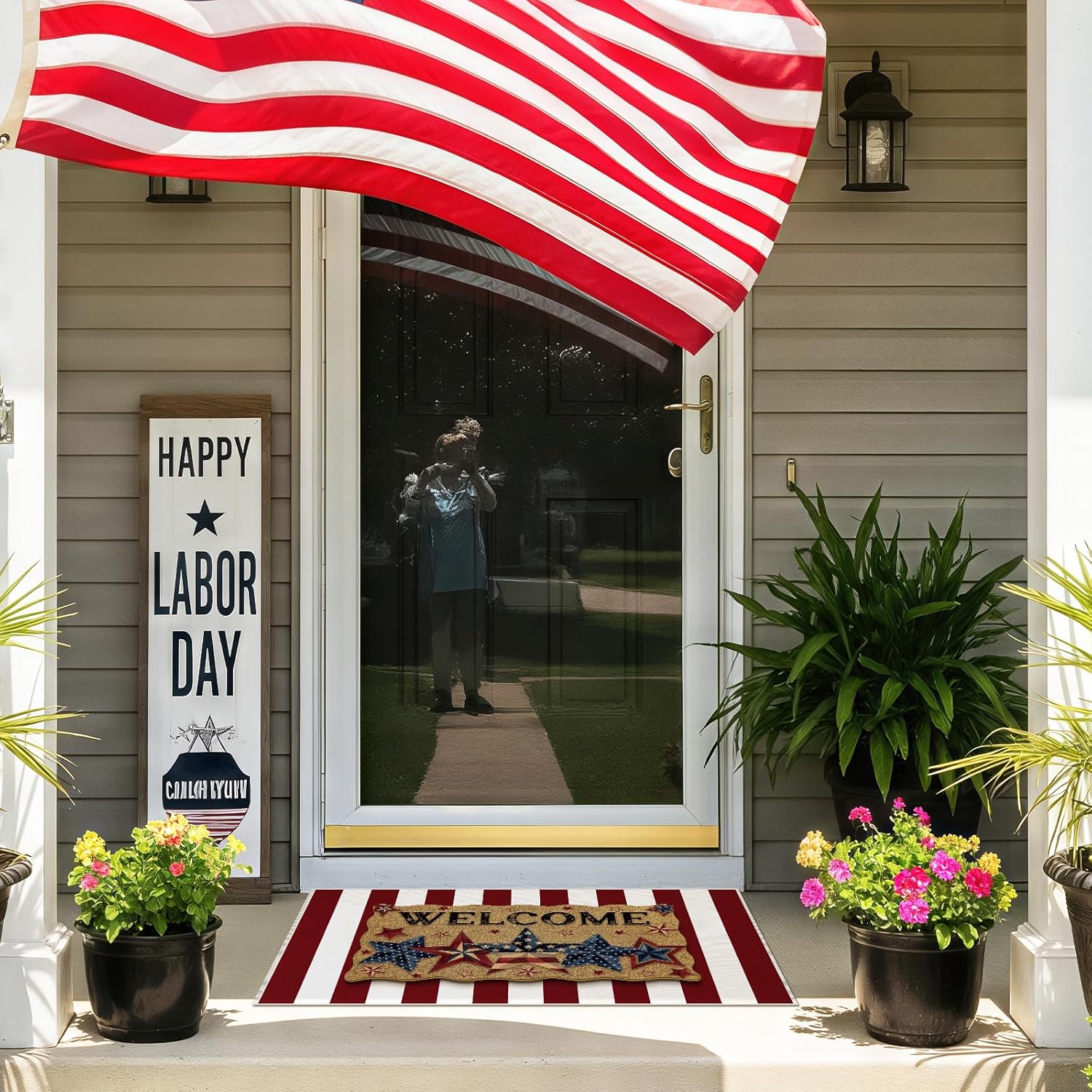 2 Piece Patriotic Doormats Combo Set 100% Coco Coir Star Welcome Mat Red Blue White 28 x 40 Inch Plaid Rug Layering Front Door America Anniversary for Independence Day Outdoor Entrance