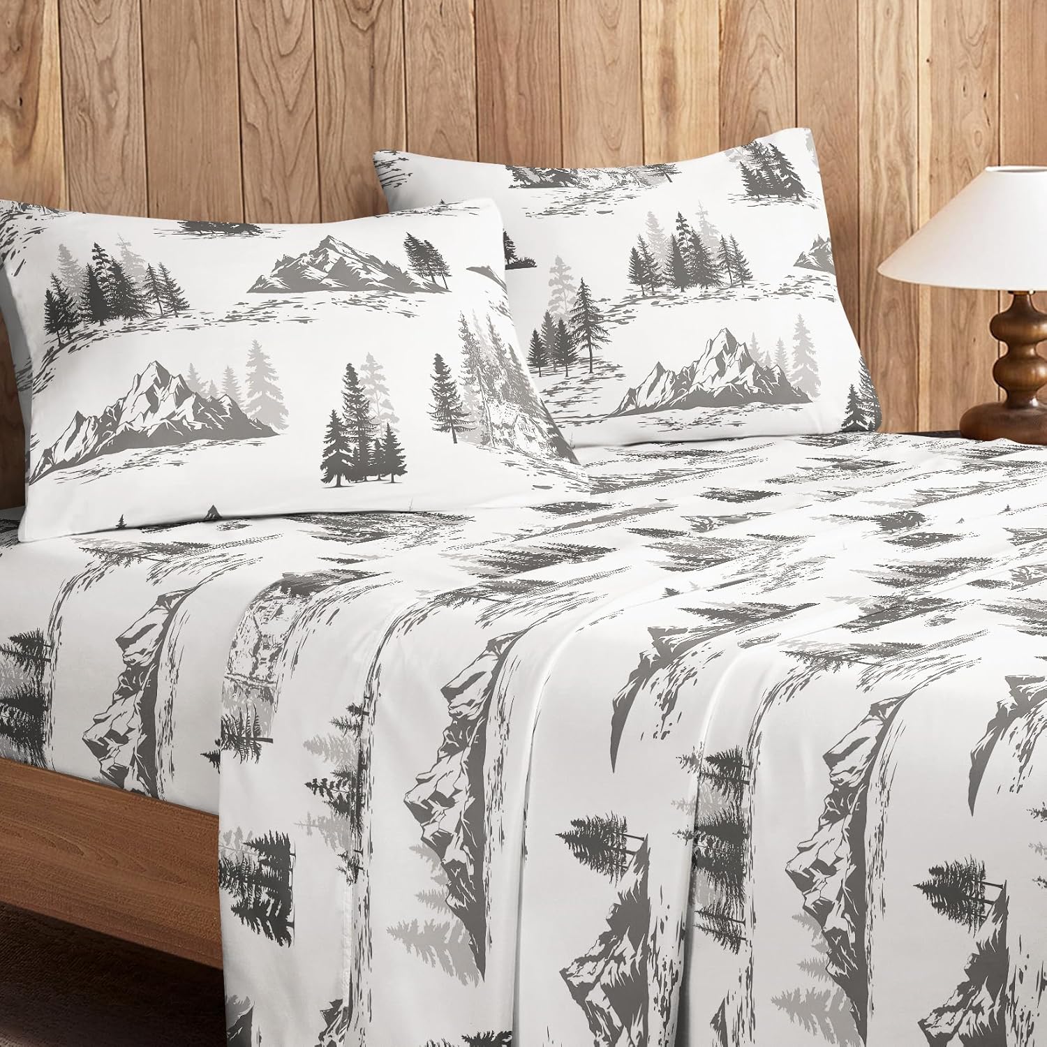 Wake In Cloud - Rustic Bed Sheets, 4-Piece Sheet Set, Cabin Forest Woodland Camping Theme with Lodge Mountain Pattern Printed Bedding, Deep Pocket, Grey White, Queen Size