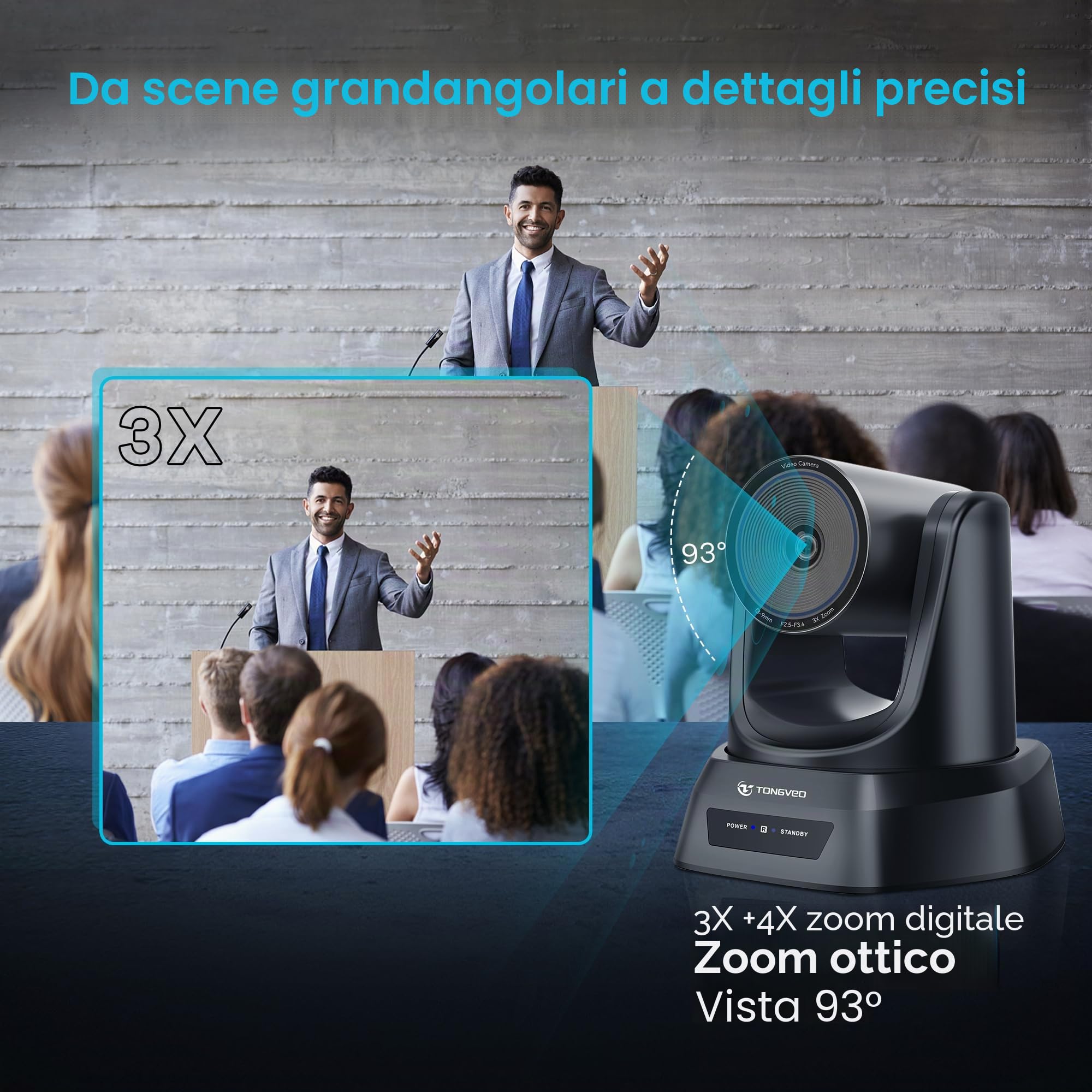 Telecamera PTZ AI 3x zoom con auto-tracking, 1080P 60fps, HDMI/USB 3.0. Perfetta per videoconferenze, streaming e didattica online (Zoom, Teams, YouTube, OBS, ecc.).