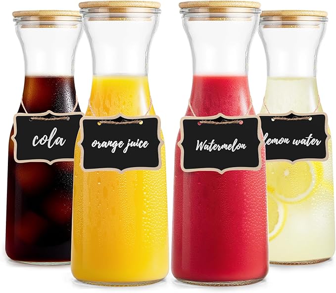 Glass Carafe with Bamboo Lid,35 Oz Beverage Dispensers Carafe,Mimosa Bar Supplies,Clear Glass Pitcher with Name Labels for Iced Tea,Coffee,Juice(Set of 4)