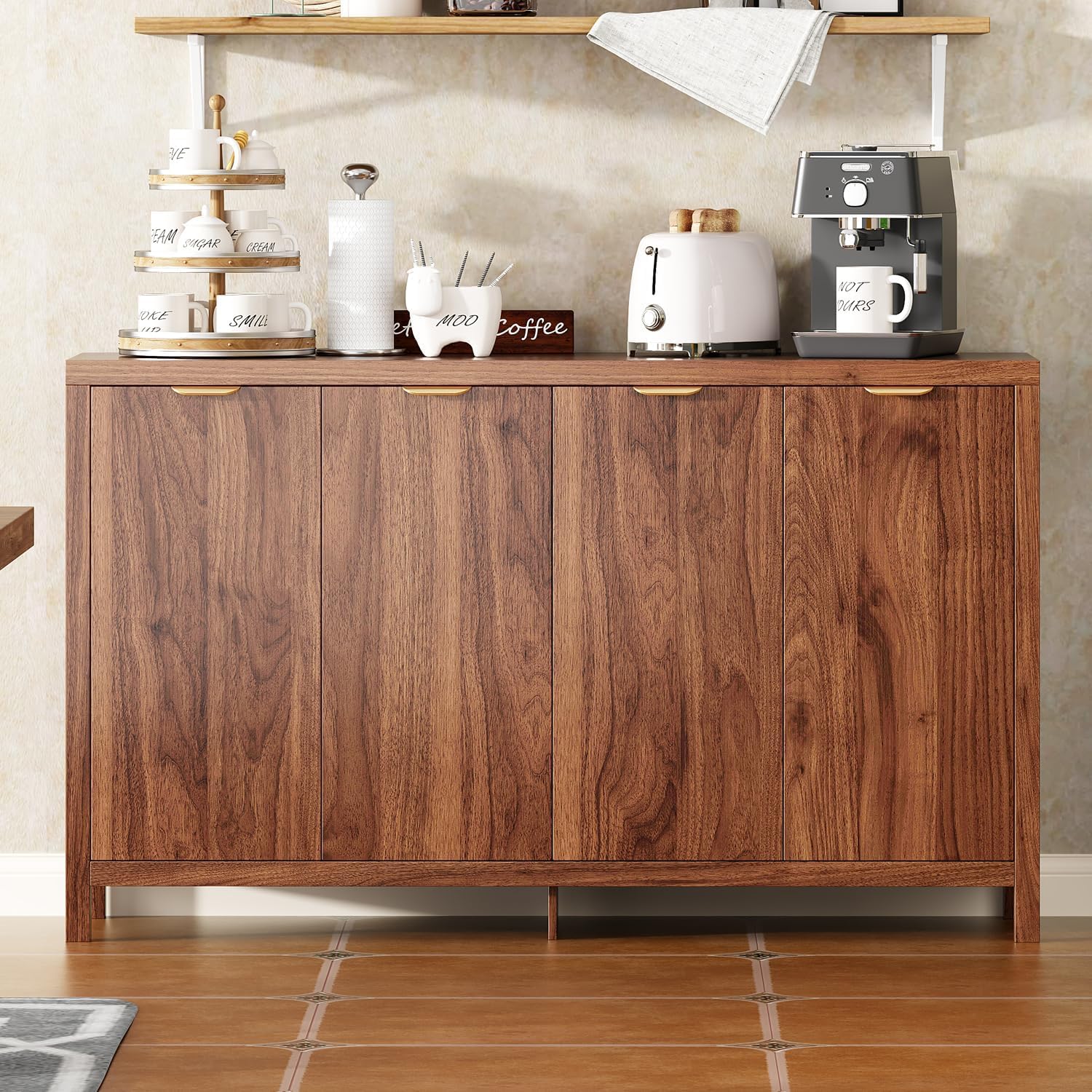 Arulvmrn 55" Large Buffet Sideboard with Storage, 33" Tall Kitchen Buffet Storage Cabinet with 4 Doors, Modern Coffee Bar Cabinet with Gold Handles, Long Sideboard Buffet Table for Kichen, Walnut101