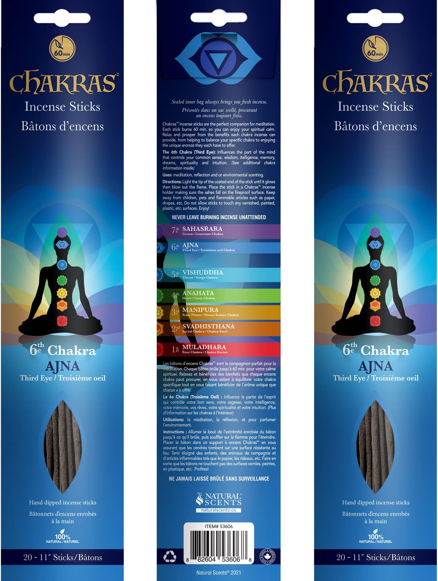 7 Chakras - 6 Ajna - Third Eye - Imagination - Primary Aromas are Cinnamon & Sage - 11 inch - 60 Minutes - 3X 20-Pack - 100% Natural Hand Dipped Incense Sticks