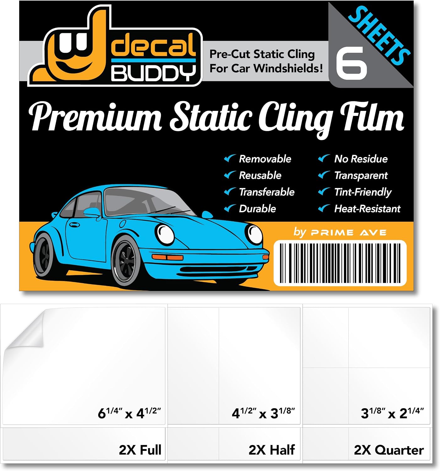 Windshield Sticker Decal Shield for Easy Application, Removable & Reuseable | No Residue Mess | Optical Clarity | 6 Sheets w/ 3 Pre-Cut Sizes (1 Pack - 6 Sheets with 3 Precision-Cut Sizes)