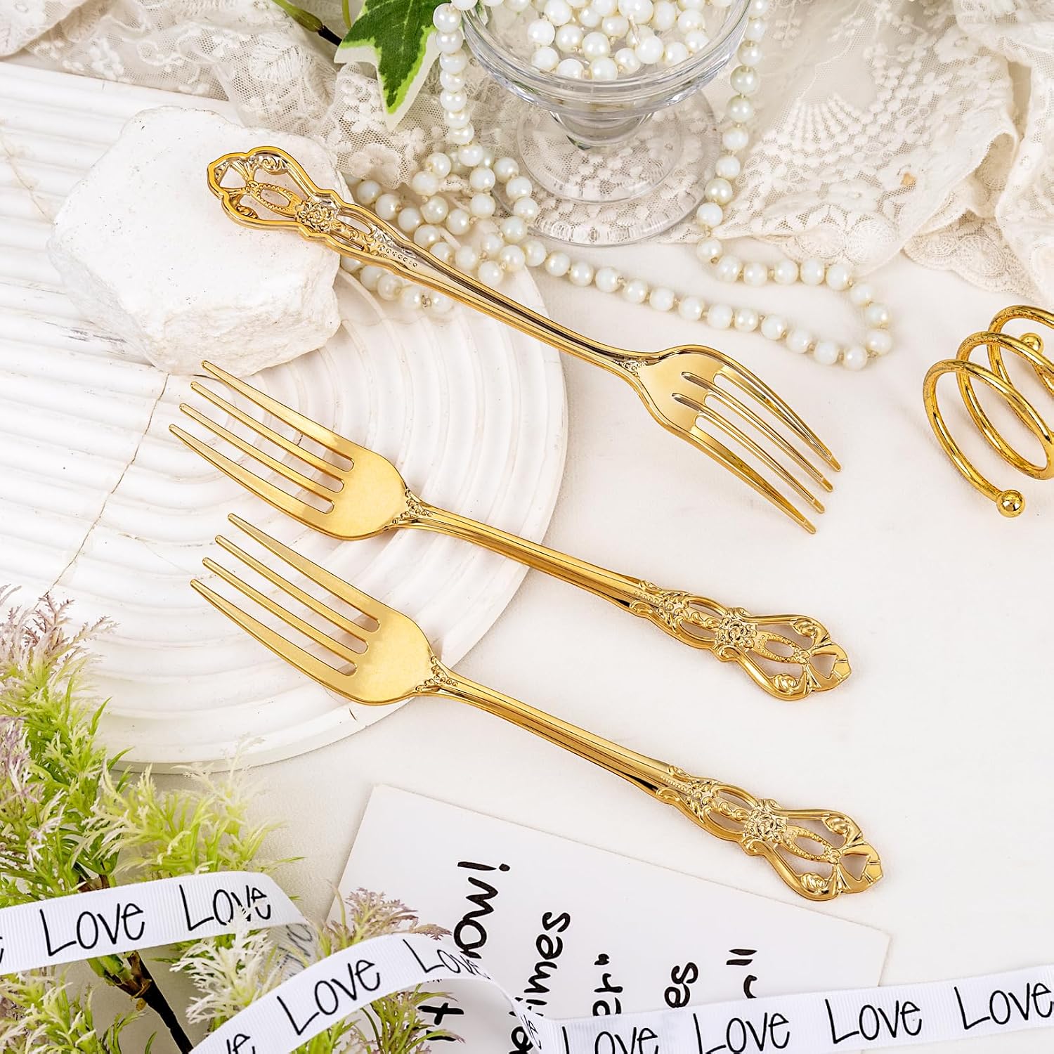 30PCS Gold Plastic Forks - 8.1inch Gold Forks Disposable - Vintage Heavy Duty Dessert Forks - Premium Fancy Plastic Silverware for Parties, Weddings, Dinners and Events