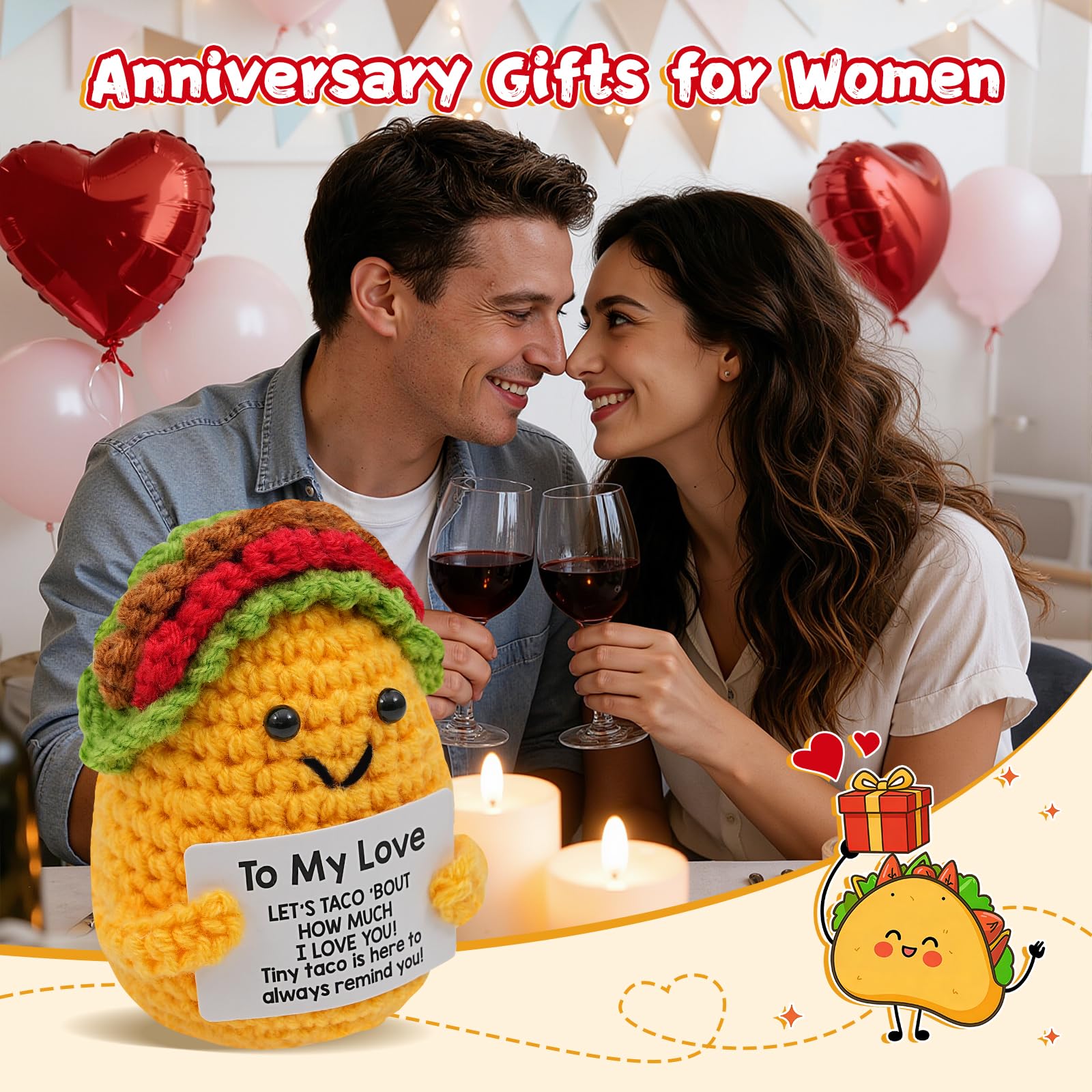 Mothers Day Wife Gifts for Wife from Husband - Handmade Positive Crochet Taco Plush, Romantic Valentines Day Birthday Anniversary Gifts for Her, Taco Stuffed Animal for Desk Decor, Home Decor