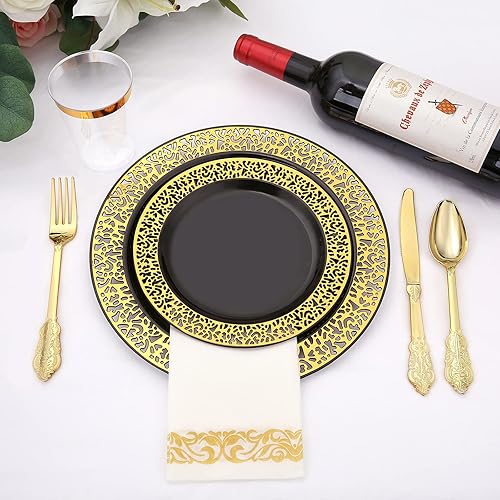 Miniatura 5 de El juego de vajilla de plástico dorado de 350 piezas incluye platos desechables negros con cubiertos de plástico dorado únicos, servilletas de lino,