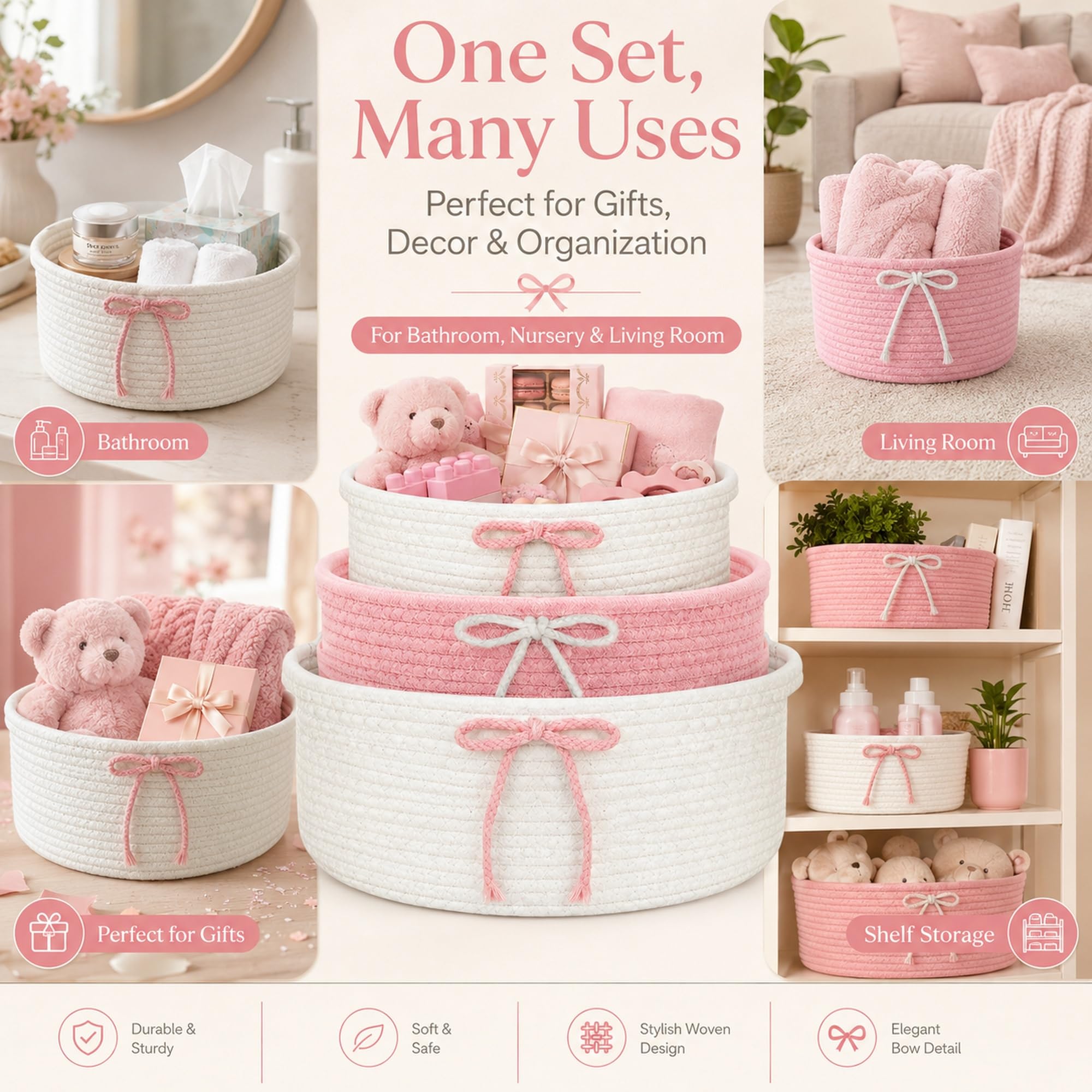 Set di 3 cestini intrecciati con manico, rosa, 3 misure, per decorazioni, organizzazione, bagno, camera dei bambini, soggiorno