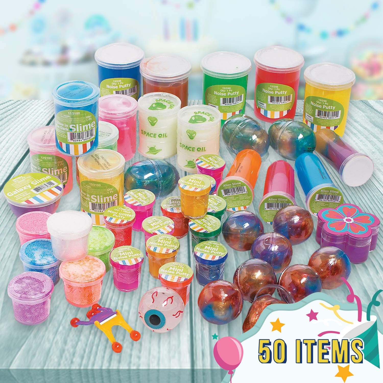 Putty & Slime Assortment | 50 Count | Favors, Giveaways, Rewards, Gifts, Takeaways, Kid's Birthday, Themed Party, Halloween, Classroom, Carnival