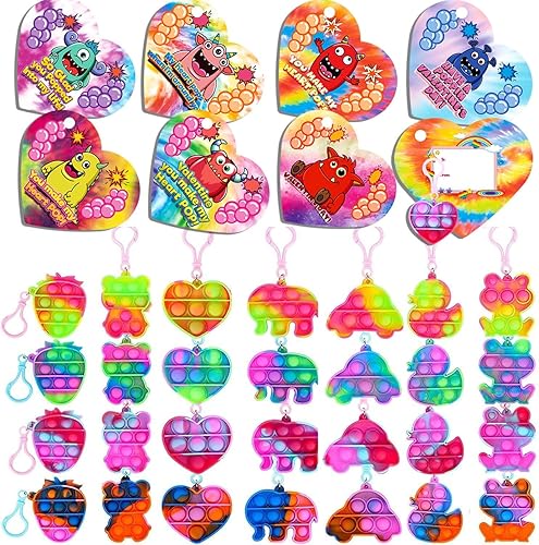 Miniatura 1 de 28 tarjetas de corazón de San Valentín para niños con llavero de juguete sensorial Push Pop Fidget, juego de burbujas para presionar, juguetes para