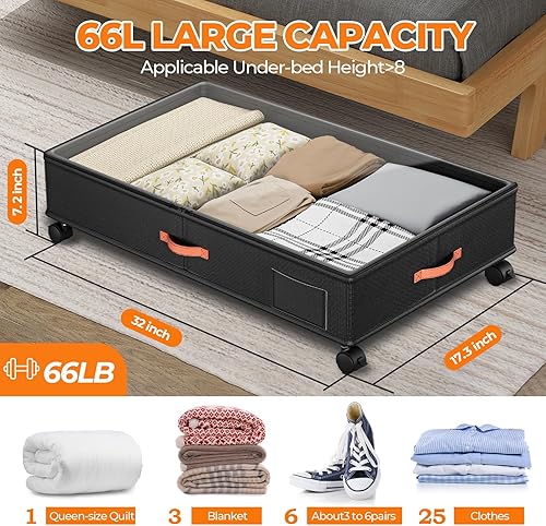 Miniatura 7 de Almacenamiento debajo de la cama con ruedas, paquete de 2 contenedores de almacenamiento debajo de la cama con tapas transparentes, contenedores
