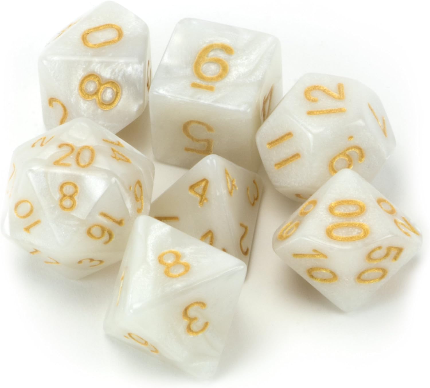 Wiz Dice 7 Die Polyhedral Dice Set - Forbidden Treasure (White Pearl) with Velvet Pouch
