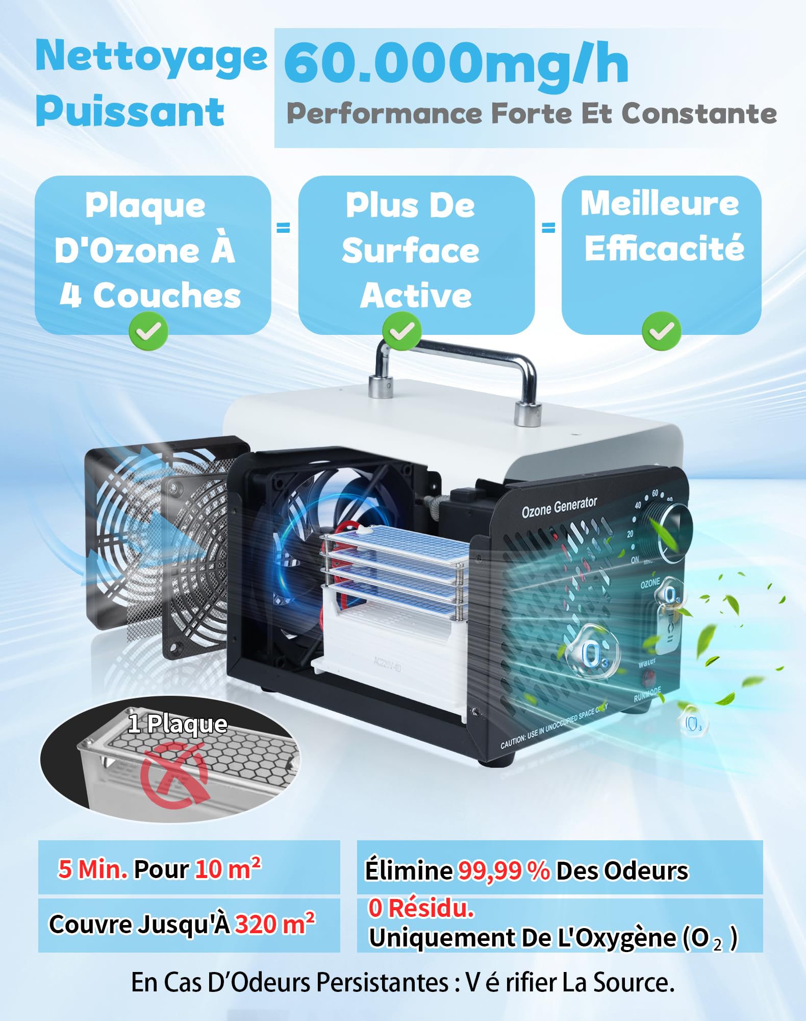 2IN1 Générateur d'Ozone 60 000 mg/h Purificateur d'ozone avec mode eau et air O3 Generateur Ozone pour Éliminer les Odeurs Ozonateur 150W Purificateur d'air à l'ozone pour maison et voiture Animaux