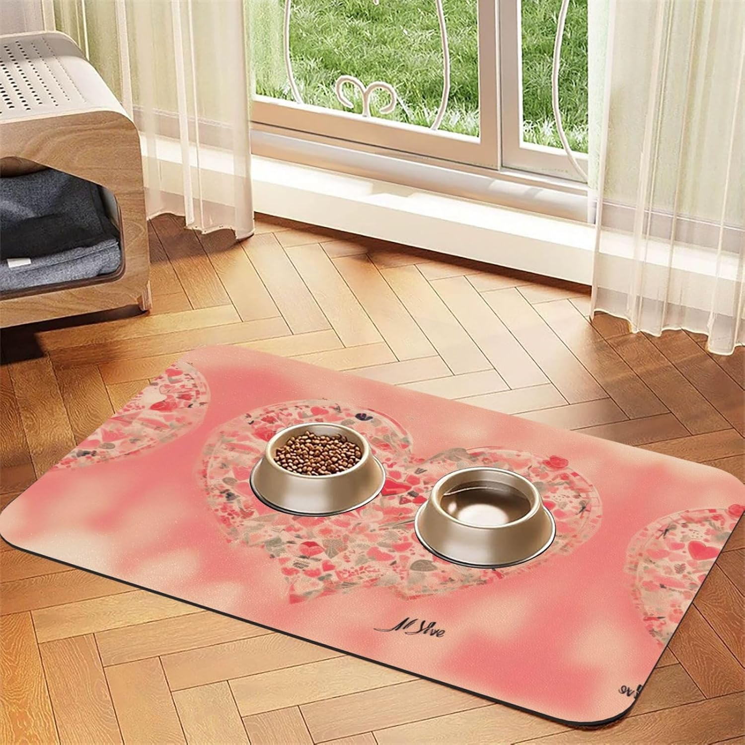 30x45cm Red Heart Flowers Print Pet Absorbent Feeding Mat - Quick Dry Food Pad/Leather Placemat, for Dog Cat Food Bowl Water