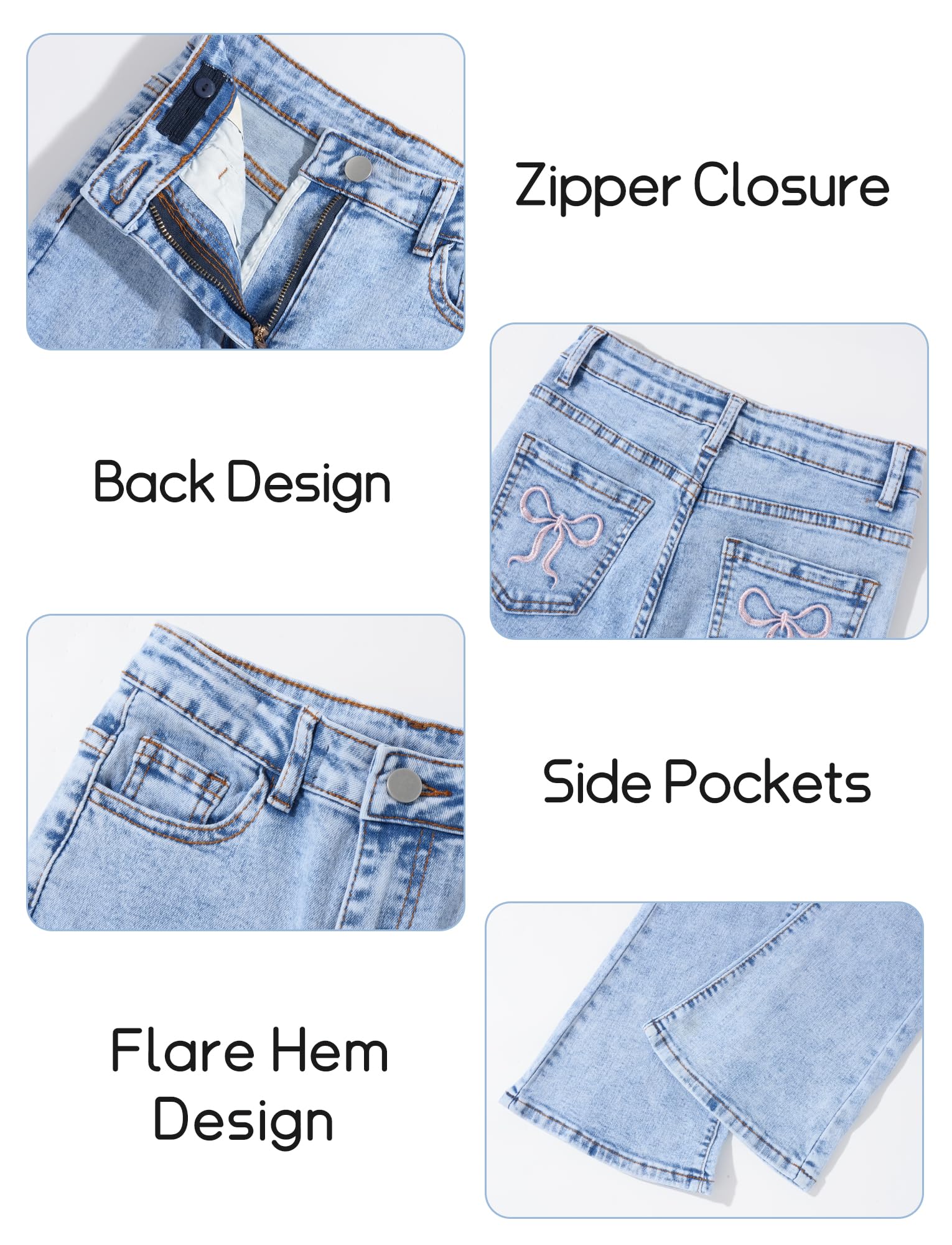 Happy Cherry Pantalones de mezclilla acampanados para niñas y adolescentes, pantalones elásticos ajustados con bolsillo de 7 a 14 años