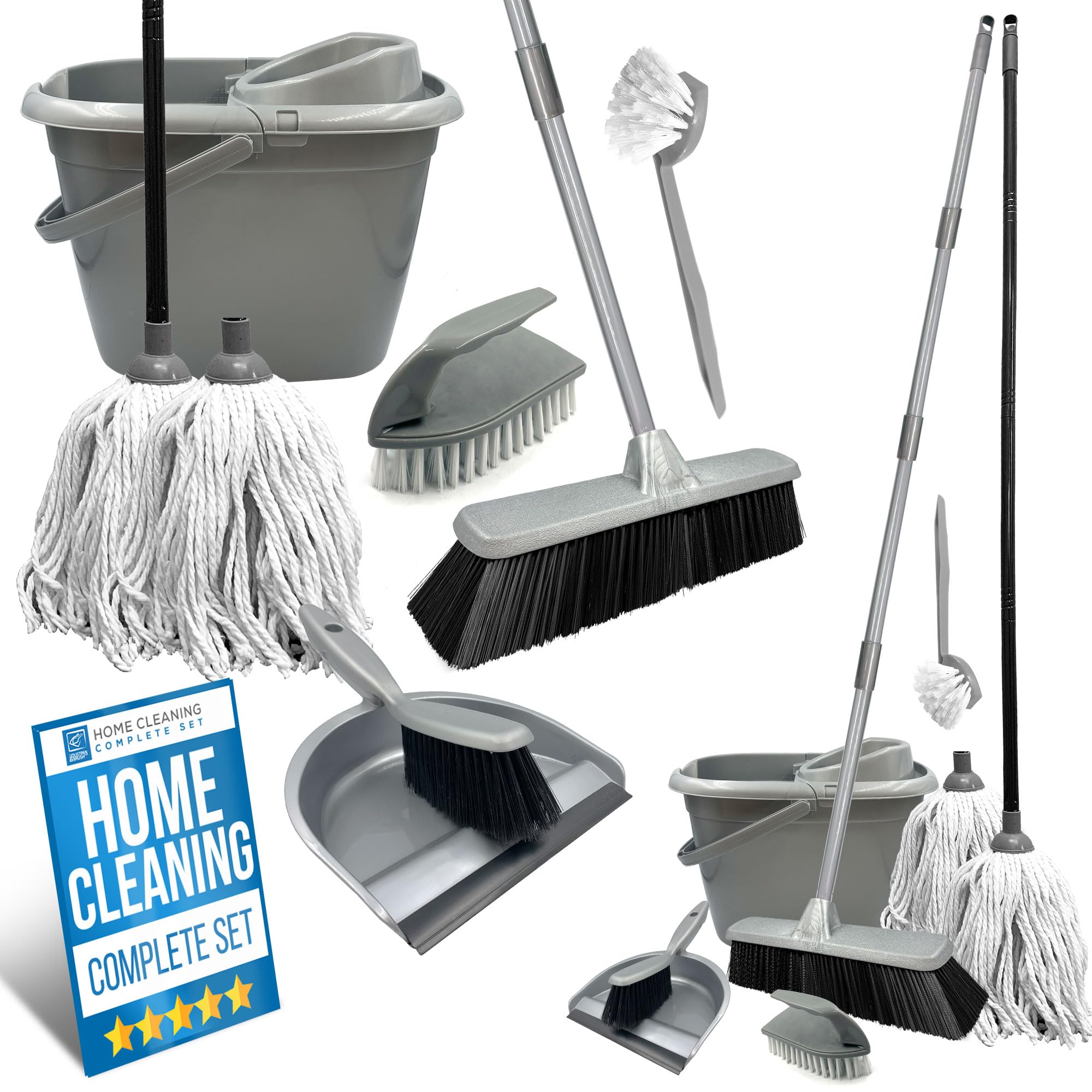 Sweeping Brush Indoor Cleaning Kit Set - Indoor Broom Soft Bristle, Dustpan and Brush Set, 2 Pack Refill Mop and Bucket, Scrubbing Brush & Dish Brush for All Around Home & Kitchen Use