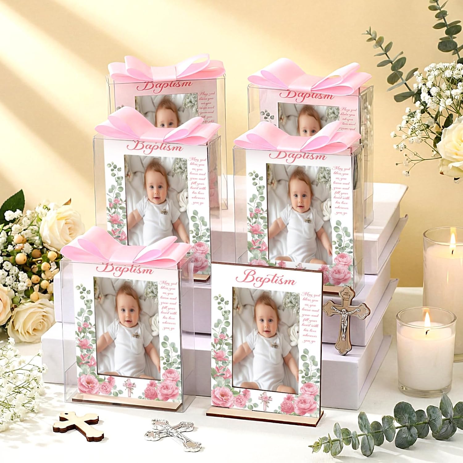 Vercraft 12 Set Baptism Picture Frame Catholic Baptism Gifts Wood Photo Frame Baby Shower Favor with Clear Plastic Clear Boxes and Satin Ribbon Bows for Religious First Communion Decor (Pink)