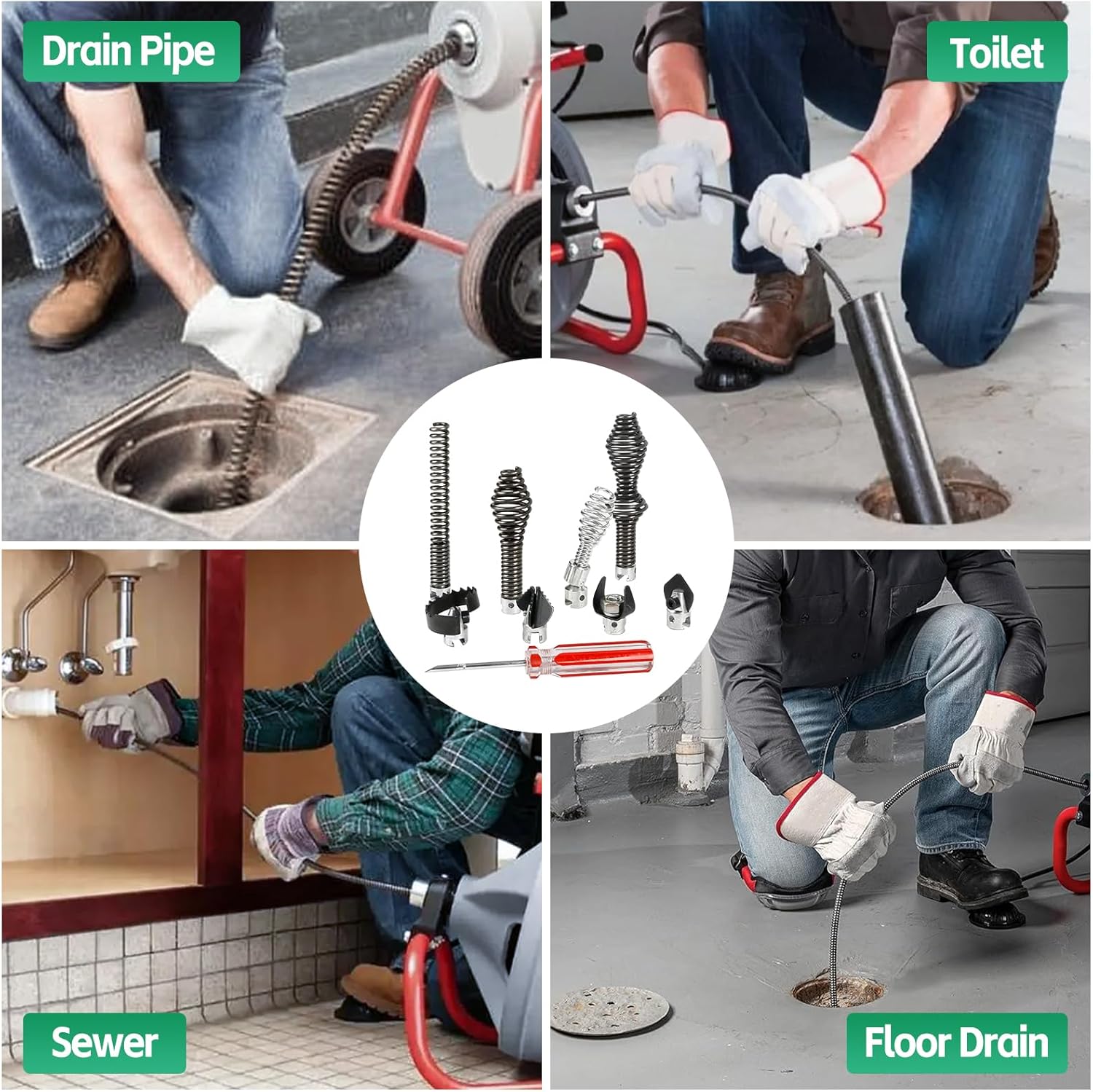 10PCS Drain Cleaning Kit for RID-GID Sectional Drain Cables – Heavy Duty Cutters & Augers Compatible with K-400, C-4, C-6, C-7, C-8, C-9 Machines - for 5/16", 3/8" & 5/8" Cables