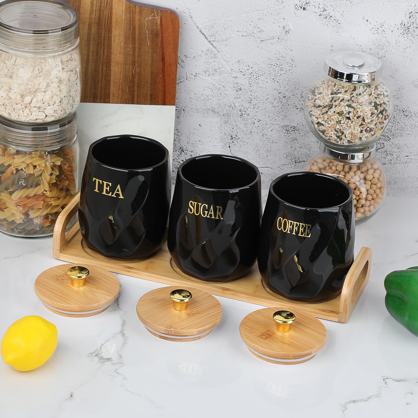 BTSKY Contenitori da cucina in ceramica con coperchio e vassoio, contenitori ermetici neri per zucchero, caffè, tè con vassoio in legno, barattoli per alimenti per bancone della cucina
