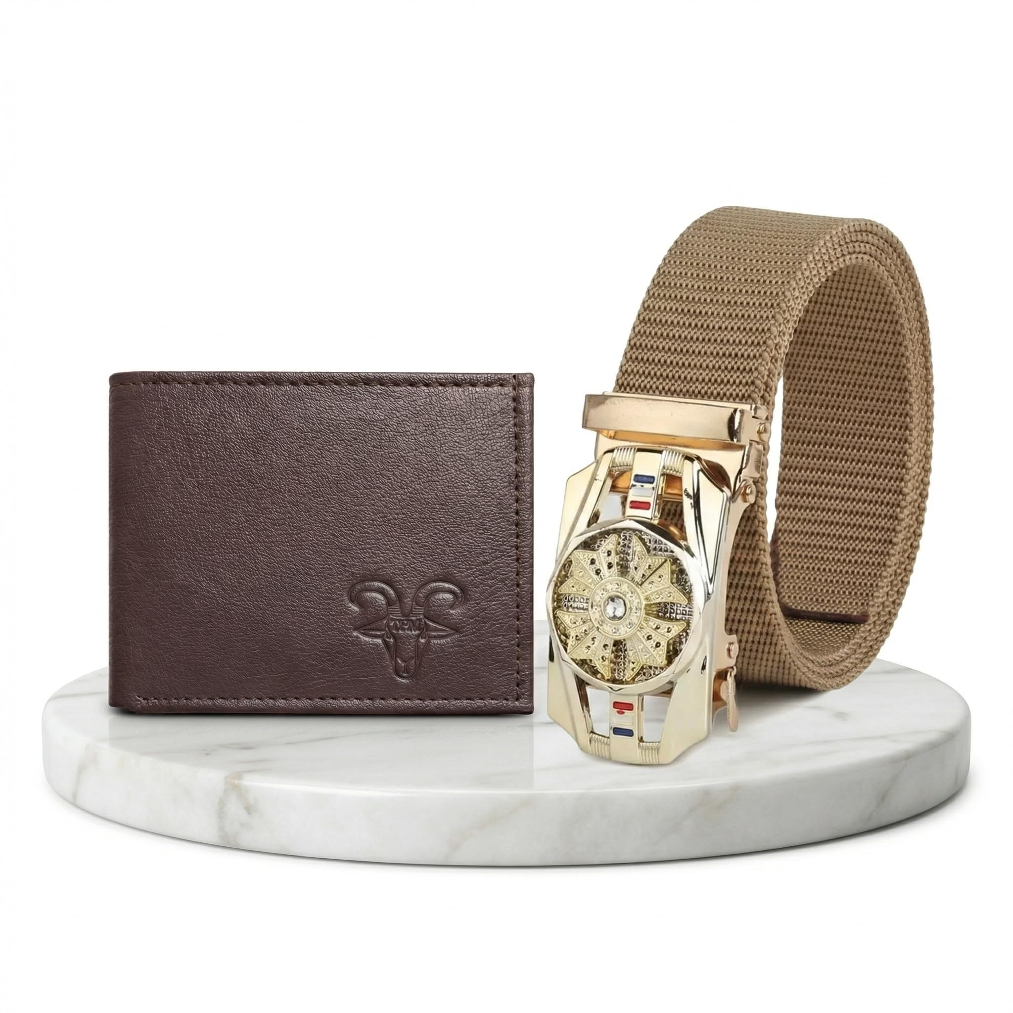 Men's Brown Wallet and Tan Web Belt Combo - Stylish Automatic Buckle Set-image-6