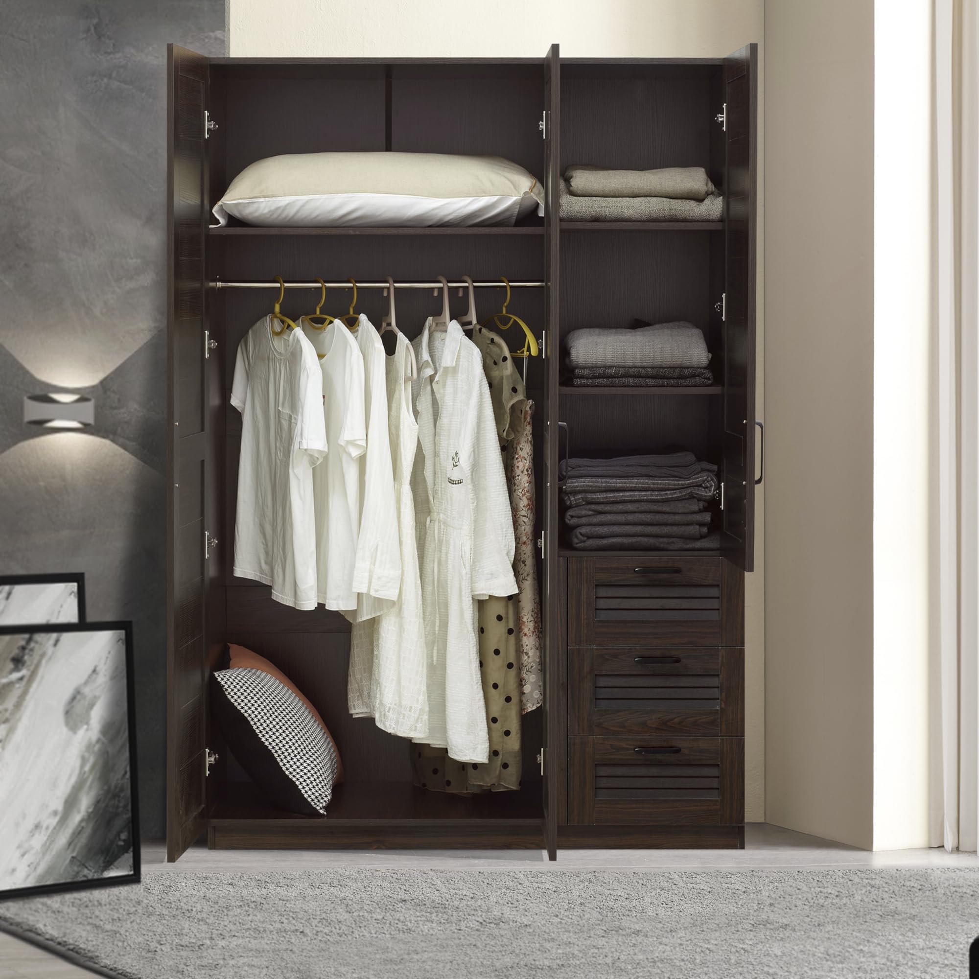 [en.casa] Armoire de Chambre avec Barre de Penderie 4 étagères 3 tiroirs Garde-Robe Placard Meuble de Rangement MDF 176 x 120 x 52 cm Effet Noyer Foncé