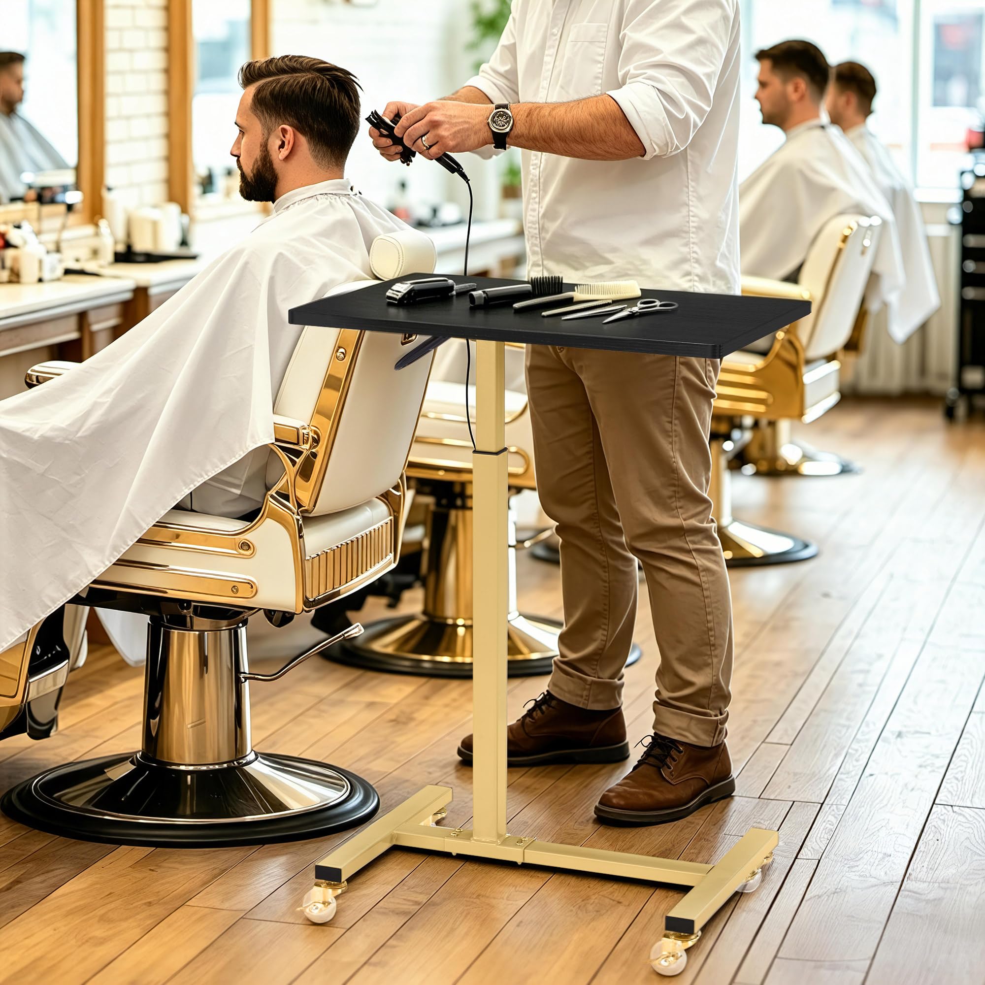 BarberPub Mesita Auxiliar con Ruedas, Mesa de cuidados Regulable en Altura, Carrito con Bandeja para salón de Belleza Dorado, mesita de Cama en Forma de C, 40 x 60 x 72/97 cm, 2832 (Negro y Dorado)