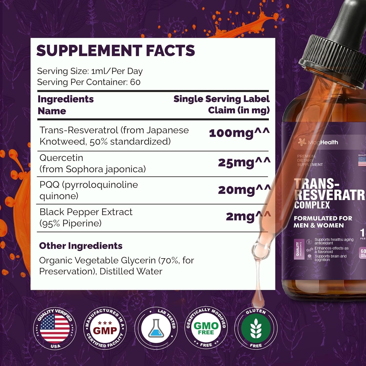 Trans-Resveratrol with PQQ, Quercetin & Black Pepper Tincture | 3rd Party Tested | Cellular Energy & Heart Health Support | Sourced from Japanese Knotweed - 2 oz (60 Servings)