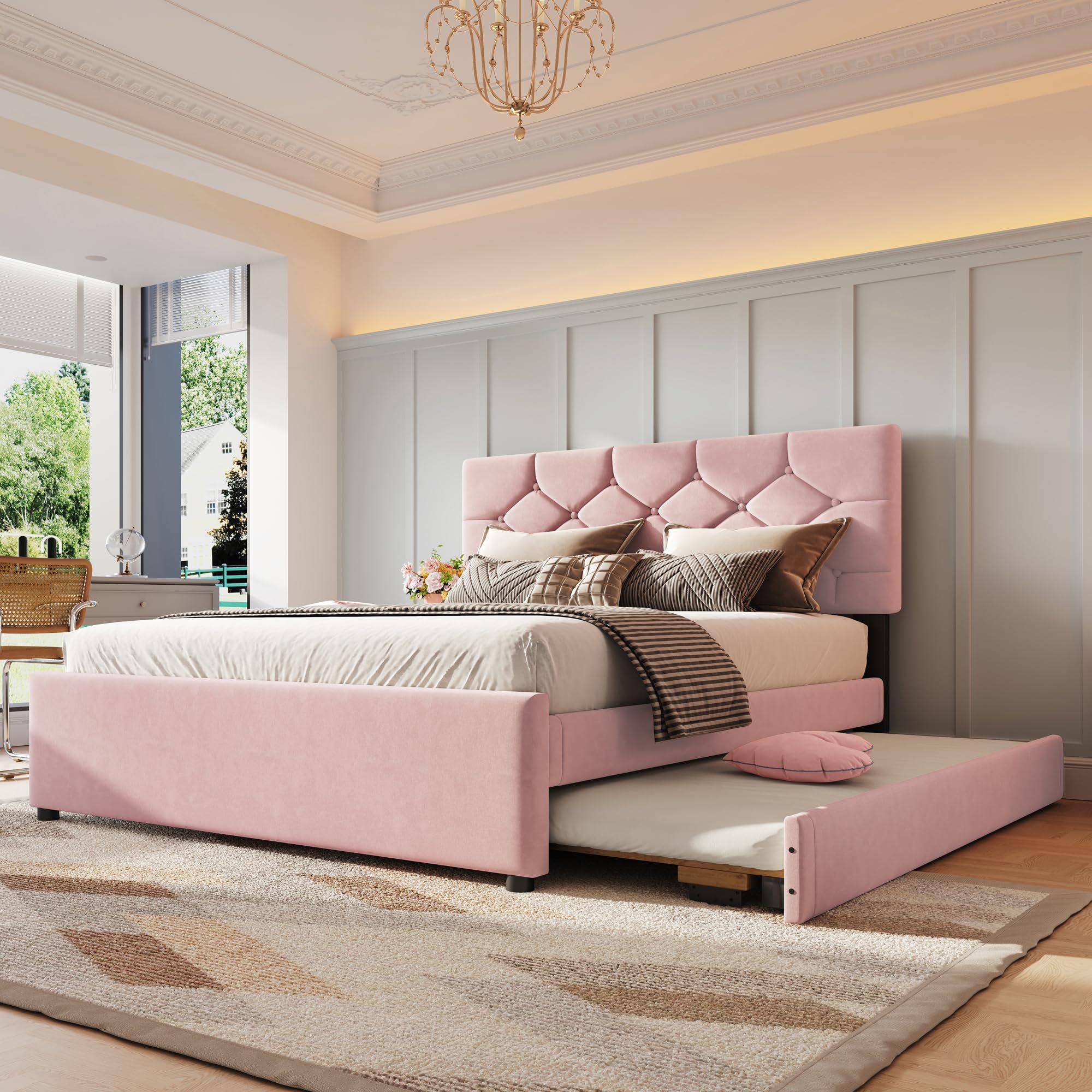 Soweiz Letto imbottito 140 x 200 cm, letto imbottito con letto estraibile, letto con rete a doghe (senza materasso), letto con contenitore arrotolabile, velluto, minimalista (rosa)
