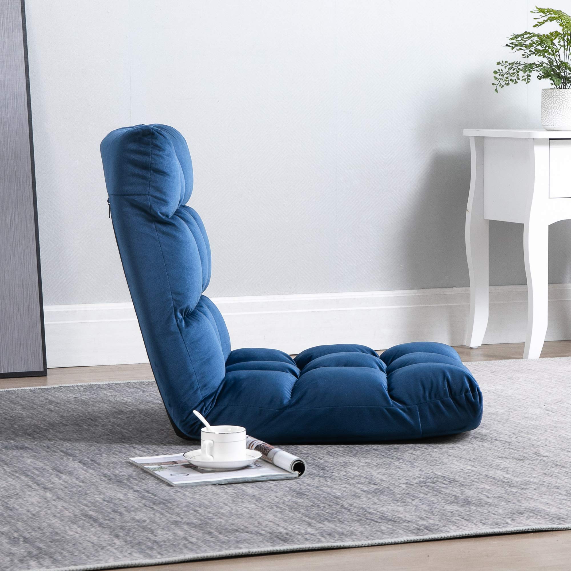 HOMCOM Poltrona da Terra Reclinabile 180° in Velluto, 55x71x53.5cm Blu | Sedia da Pavimento, Imbottitura Spessa, Camera da Letto, Ufficio, Soggiorno