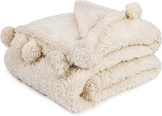 PAVILIA Ivory Cream Sherpa Throw Blanket with Soft Pom Pom Fringe, Plush Cozy Warm Blankets for Couch Bed Sofa, Fuzzy Fleece Throw with Pompom, Lightweight Fluffy, Ivory 50x60 in