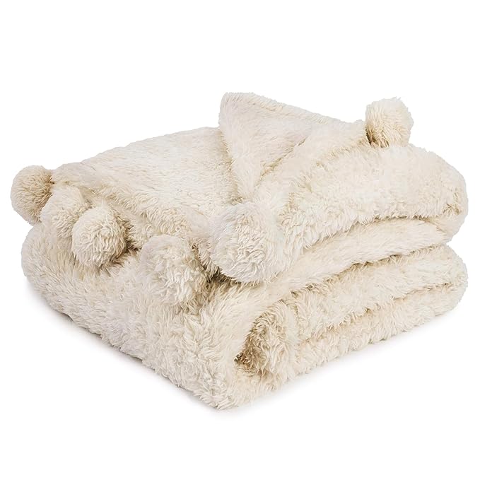 PAVILIA Plush Sherpa Throw Blanket with Pom Pom Fringe | Fluffy Microfiber Fleece Throw | Soft, Fuzzy, Cozy, Shaggy, Lightweight | Solid Cream Ivory Beige Blanket | 50 x 60 Inches