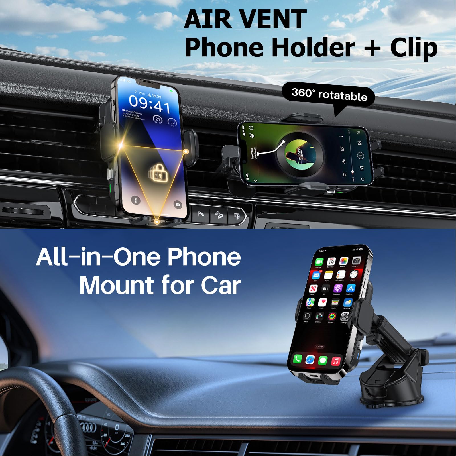 Support TéLéPhone Voiture,15W Charge Rapide sans Fil, Serrage Automatique Et Refroidissement, pour Phone 16-14/ Galaxy S25/S24,Ventilation Qi, Tableau De Bord, Pare-Brise