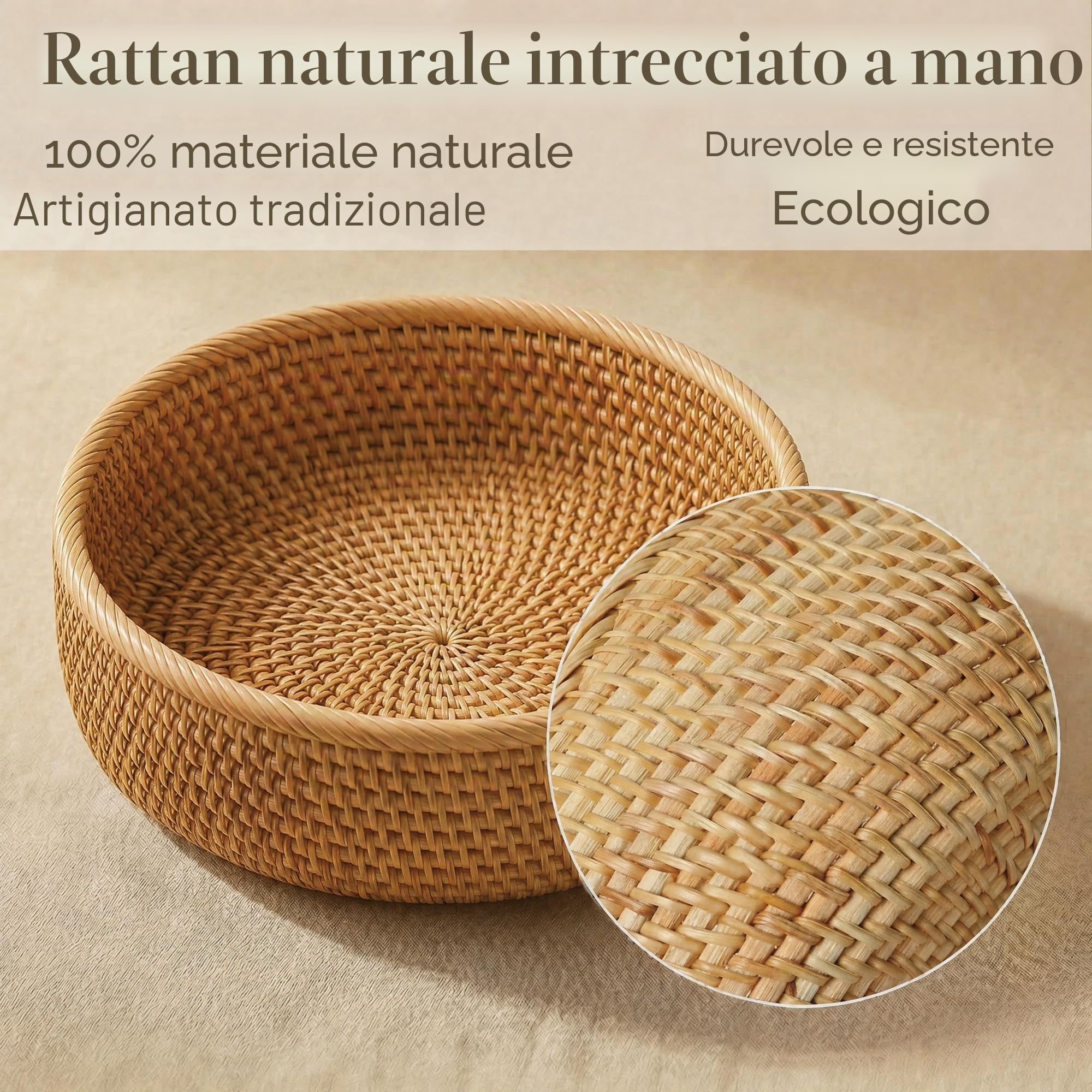 Cesto di Frutta Rotonde in Rattan, Ciotole in Cesta di Vimini Naturali, Organizer in Intrecciate per Cucina/Sala da Pranzo (Rotondo)