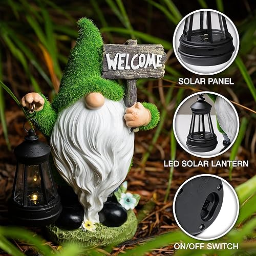 Miniatura 4 de IMPECCABLE GOODS Farol vintage con estatua de gnomos de jardín solar, gnomos de jardín de primavera, luz solar para exteriores y bienvenida