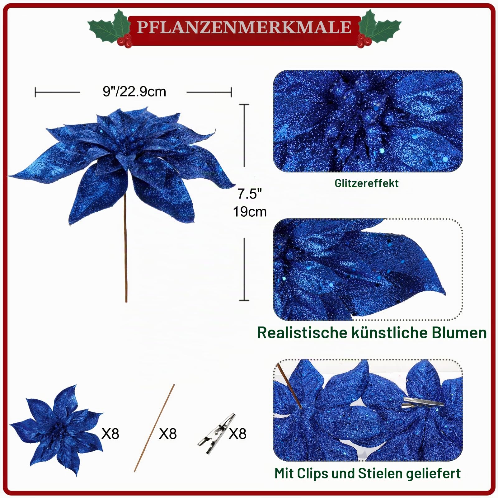 Oairse 8er-Set Künstliche Glitzernde Weihnachtsblumen, Weihnachtssterne mit Clips für Weihnachtsbaum-DIY-Dekoration, künstliche Blumen für Feiertage, Esstisch-Mittelstück, Neujahrs-Ornamente, Blau