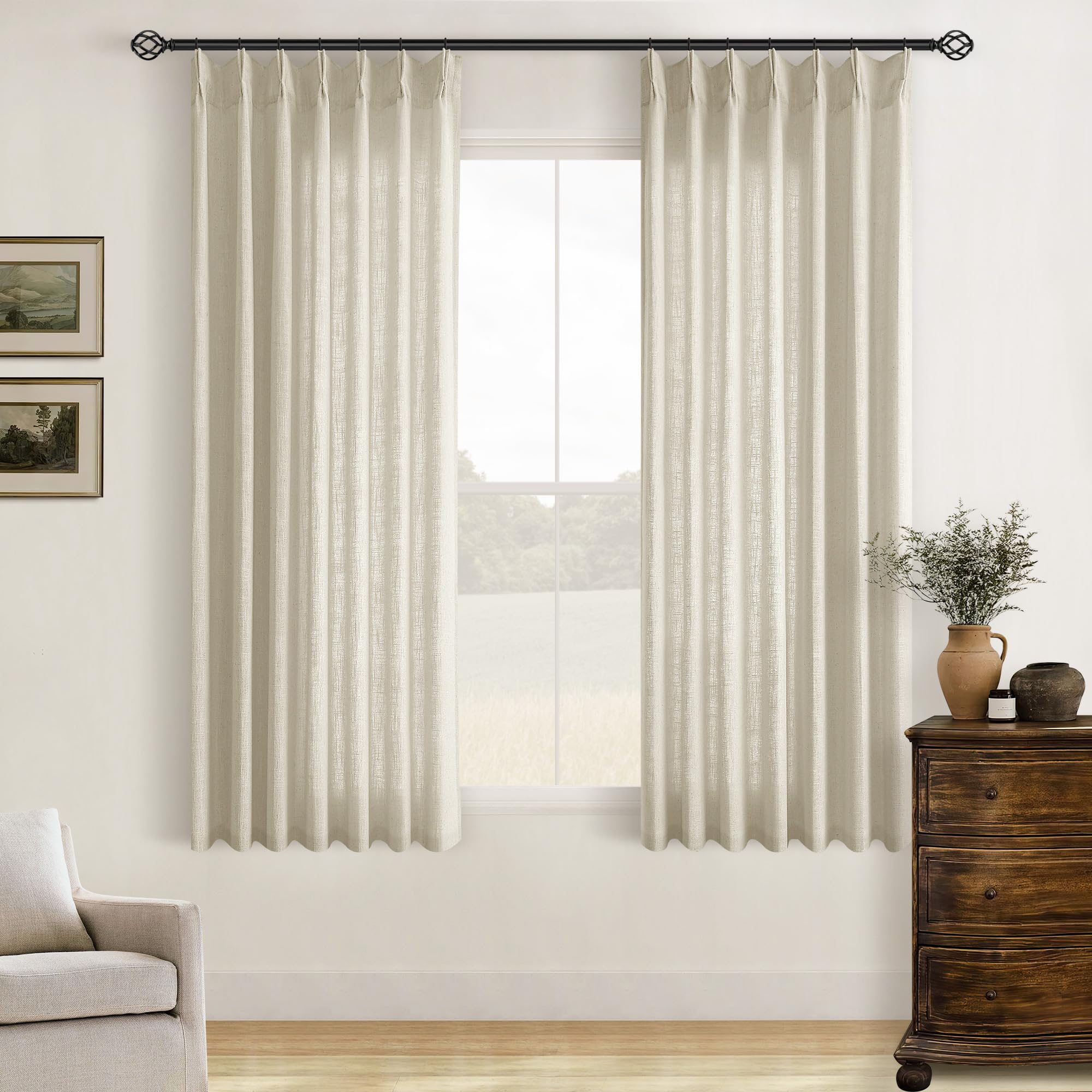 TWODRAPES Beige Pinch Pleated Semi Sheer Linen 63 Inch Curtains 2 Panels — image 1