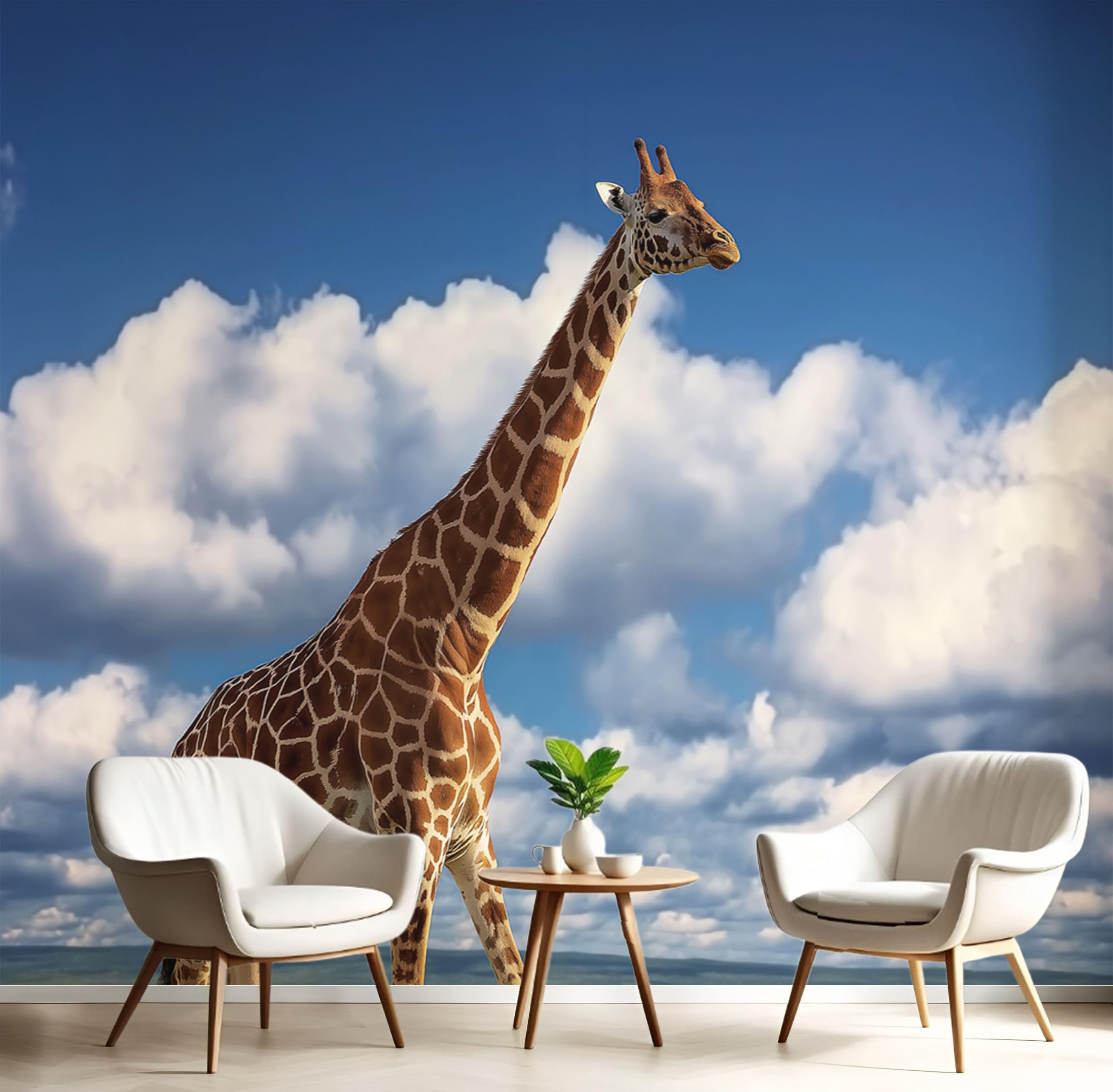 Papier peint girafe panoramique 350x256cm en soie bleu pour salon
