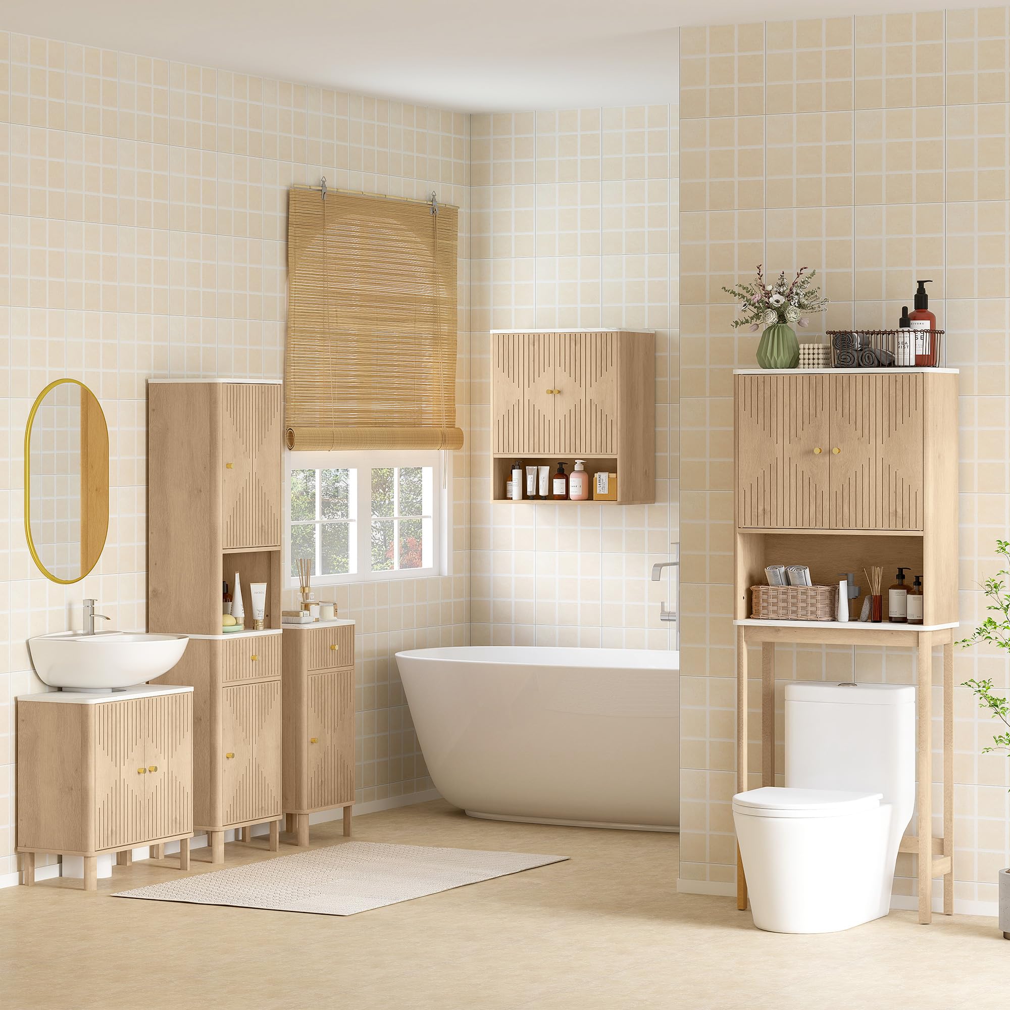 HOMCOM Armoire Murale de Salle de Bain, Meuble de Rangement avec Compartiment Ouvert et étagère réglable, Meuble Haut de Salle de Bain Portes à Motifs en Forme de sablier, 60 x 18 x 70 cm, chêne