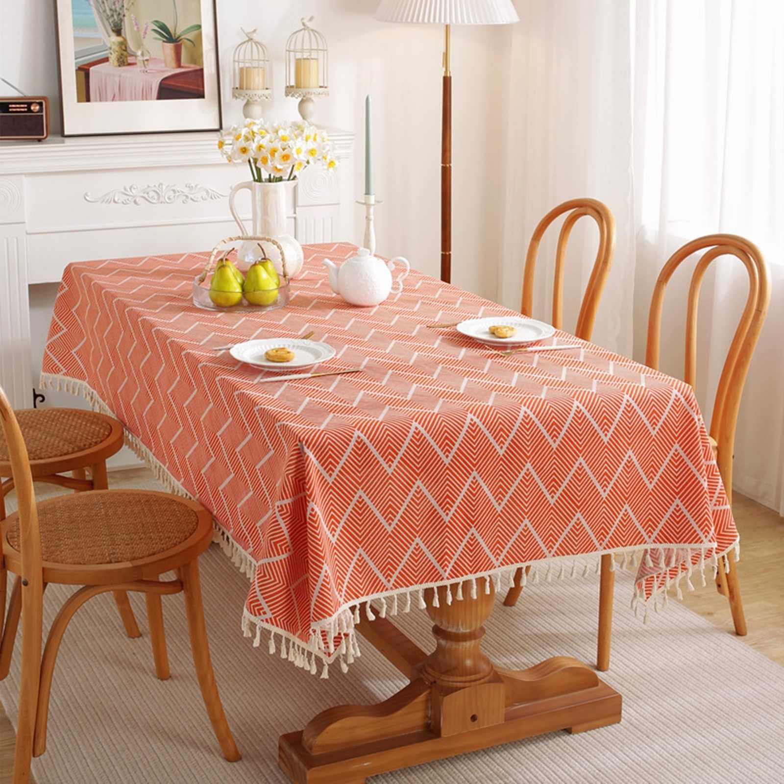Mesnt Cotton Tablecloths for Rectangle Tables, Cotton Geometric Stripe Pattern with TasselDecorative Fabric Table Cover for Kitchen, Orange, Style 2, 39 x 55 Inches