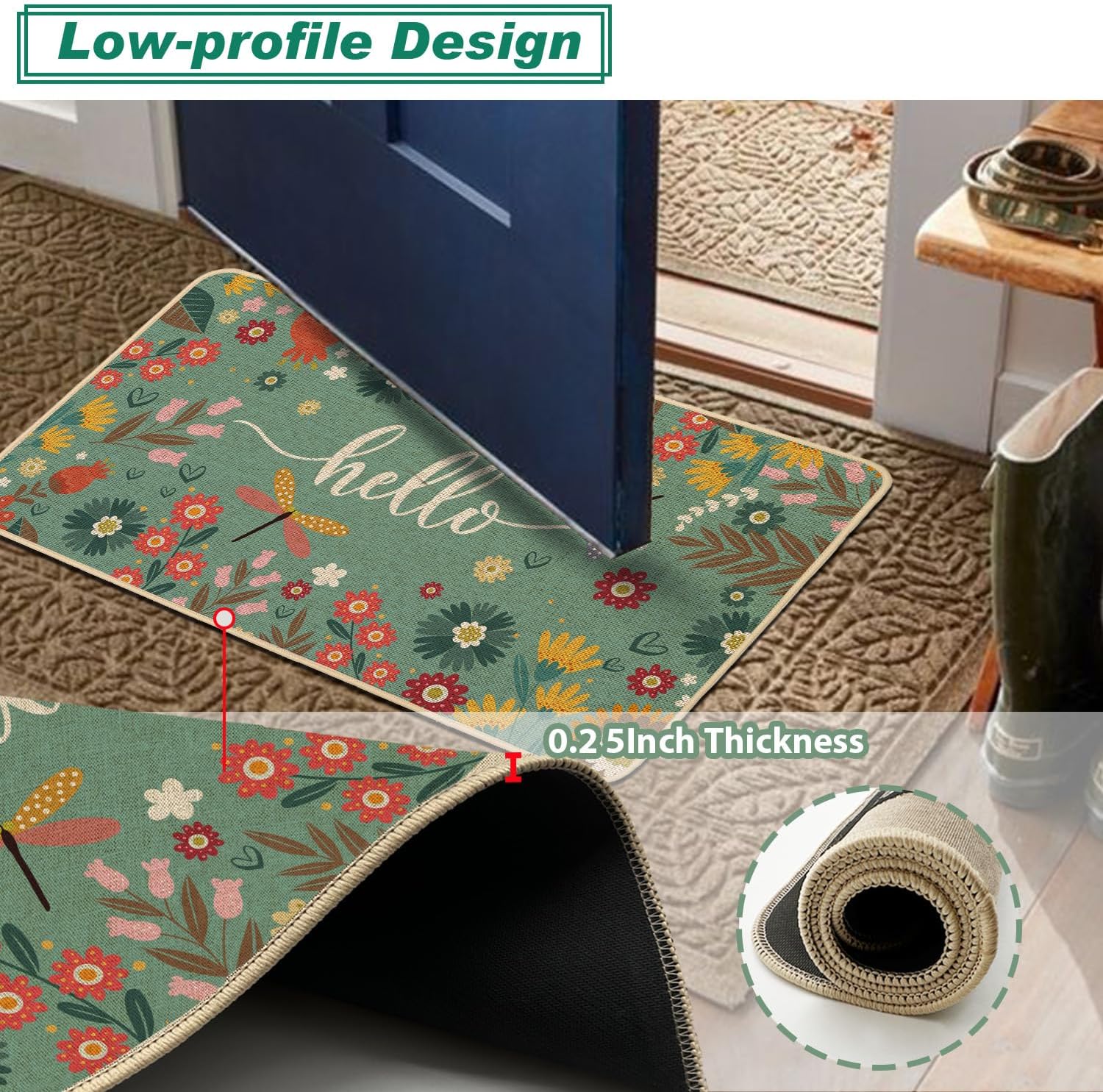 Baccessor Spring Summer Doormat 17x36 inch, Blue Flower Floral Welcome Door Mat Rug for Floor Non Slip Rubber Backing Seasonal Holiday Decor for Indoor Outdoor