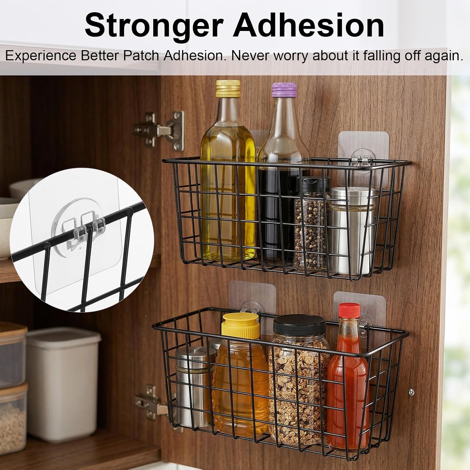 4 Pack Black Hanging Wall Baskets, Adhesive Wire Storage Organizers for Pantry, Kitchen, Bathroom, Cabinet Door - No Drilling Wall Mounted Metal Baskets with Strong Stickers