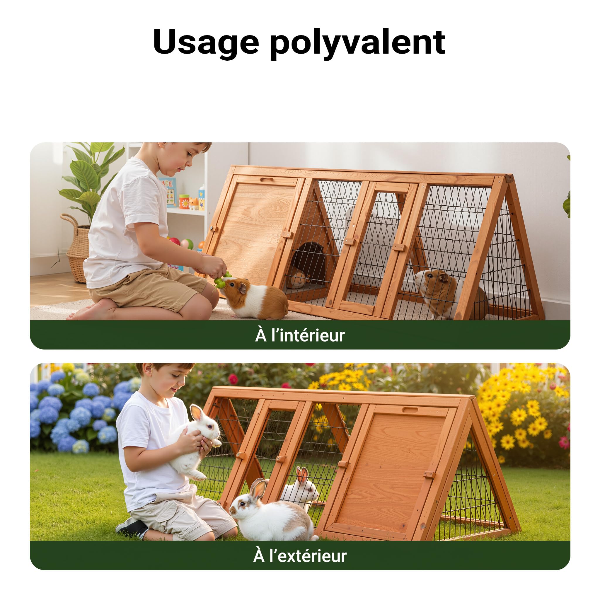 Wiltec Clapier Triangulaire – 1180 x 500 x 450 mm – Bois épicéa – avec 2 Portes, Enclos et Refuge – Abri Cage pour rongeurs Lapinière Nichoir Espace Libre pour Petits Animaux