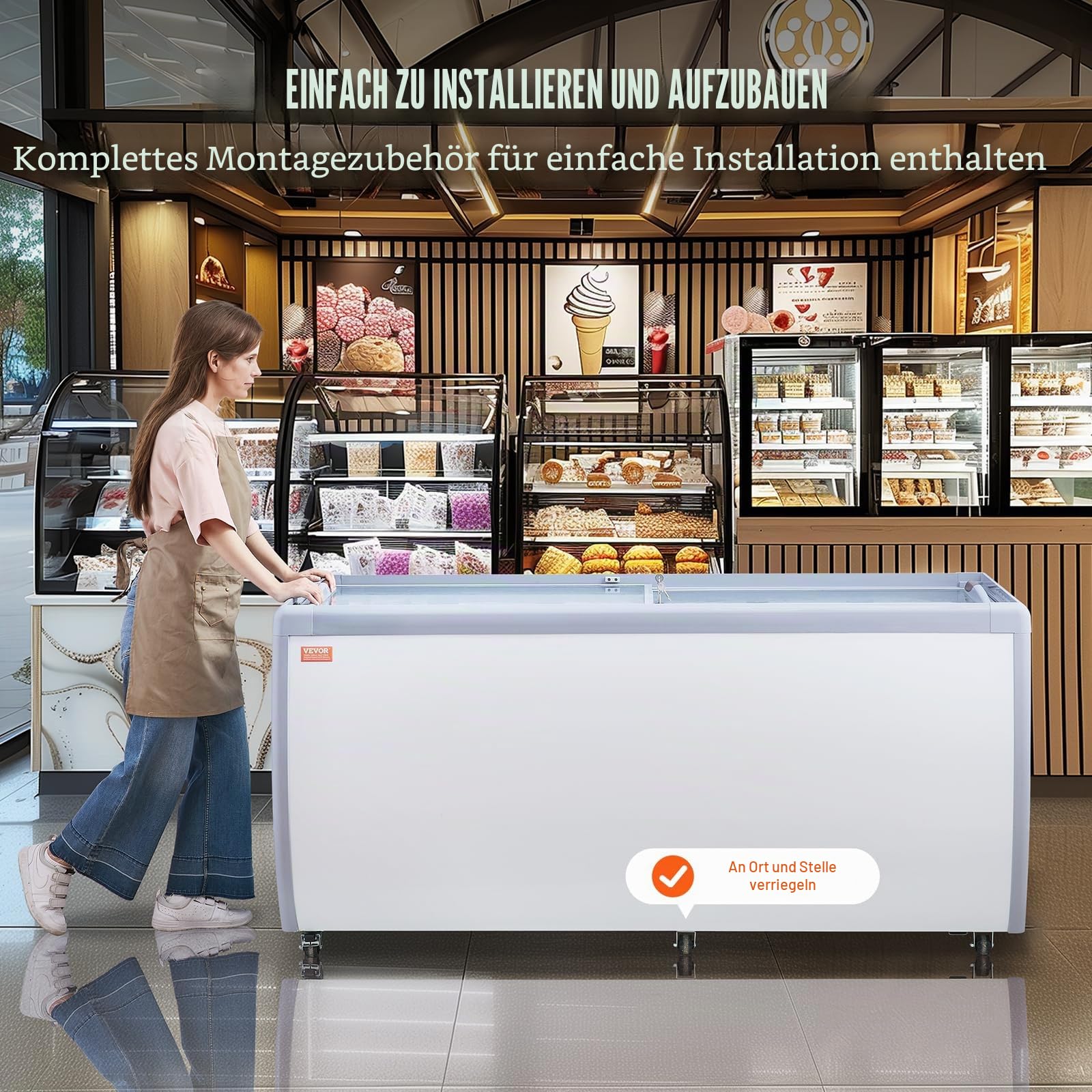 VEVOR Kommerzielle Eiscreme-Vitrine, 567 L Gefriertruhe, Mobiler Tiefkühlschrank mit Glasplatte, Restaurant-Gelato-Tauchschrank mit 12 Großen Behältern, 2 Glasschiebetüren, Feststellrollen, Weiß