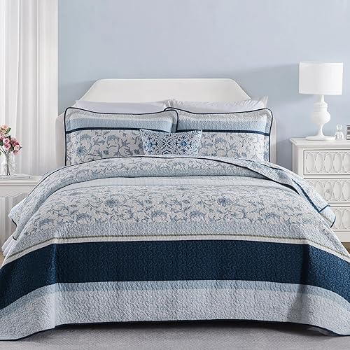 Miniatura 12 de Colcha tamaño King – Juego de edredón gris y blanco con fundas a juego, colcha de diseño floral vintage, colcha de 3 piezas 100% algodón, ligera