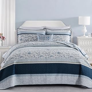 Quilt Queen Size - Navy/Blue Quilt Set with Matching Shams, Vintage Floral Design Farmhouse Bedding Bedspread, 3 Pieces 100% Cotton Lightweight Coverlet Home Decor for All Season