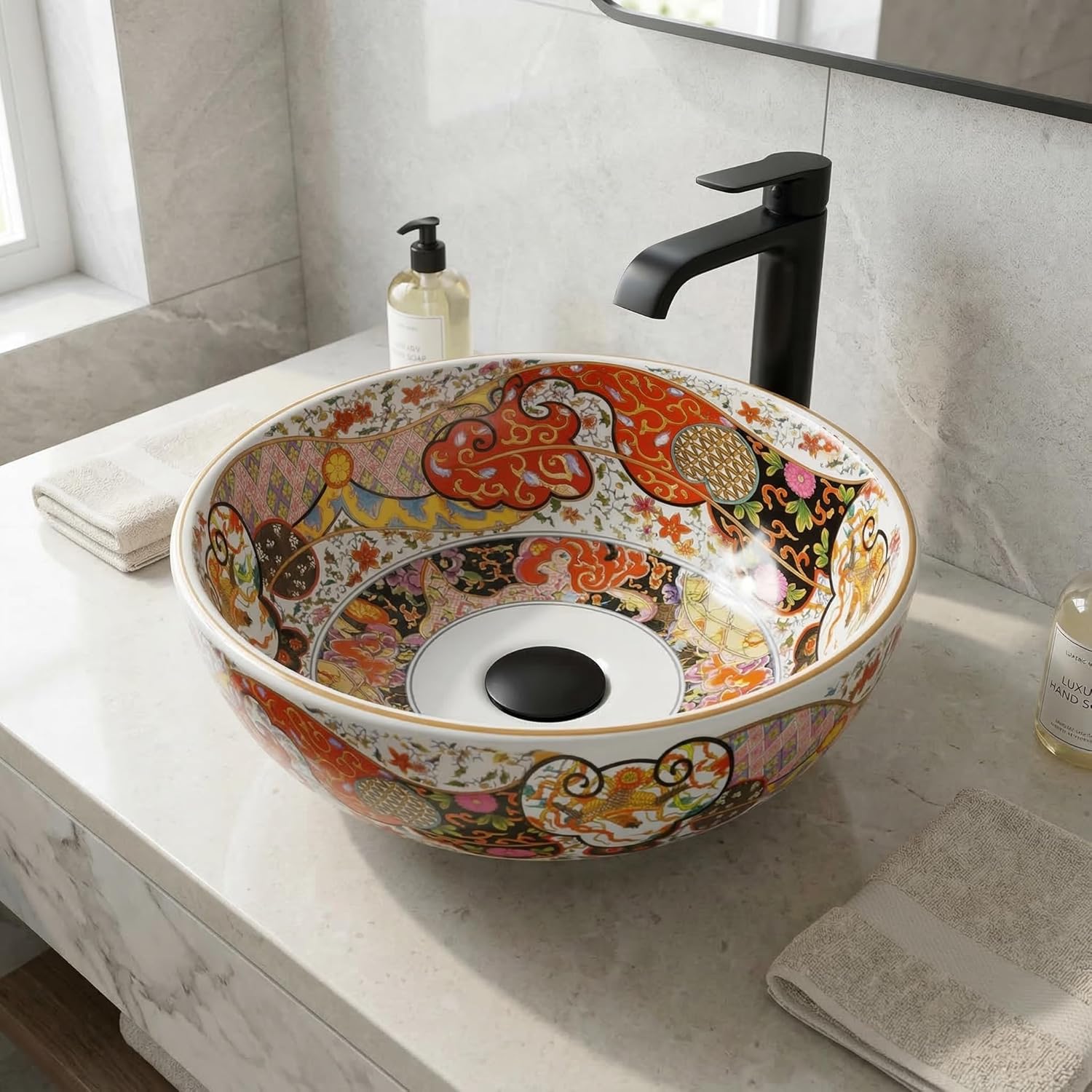 InArt Moroccan Pattern Ceramic Round Vessel Sink Bowl, Countertop Tabletop Bathroom Vanity Sink, Smooth Glazed Easy-Clean Finish, White Orange, 15.7 x 15.7 x 5.5 in